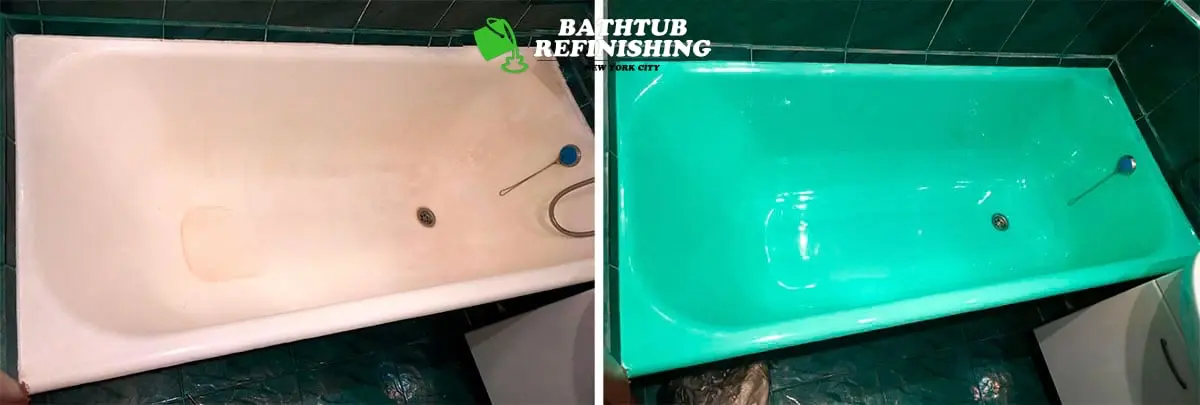 Bath restoration using colored acrylic before and after green